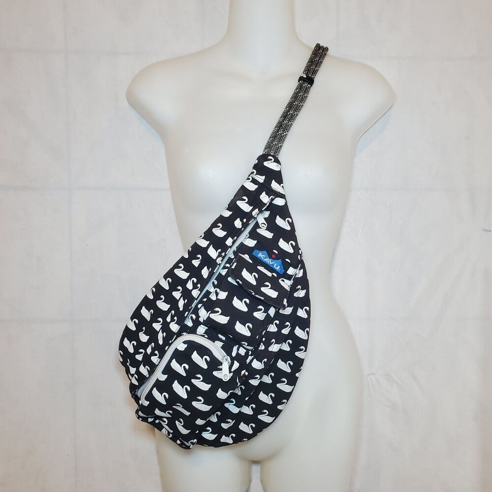 Rare Kavu Swan Print Rope Sling Bag Crossbody Hiking Camping Black White
